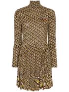 Prada Graphic Print Turtleneck Pleated Skirt Dress - Multicolour