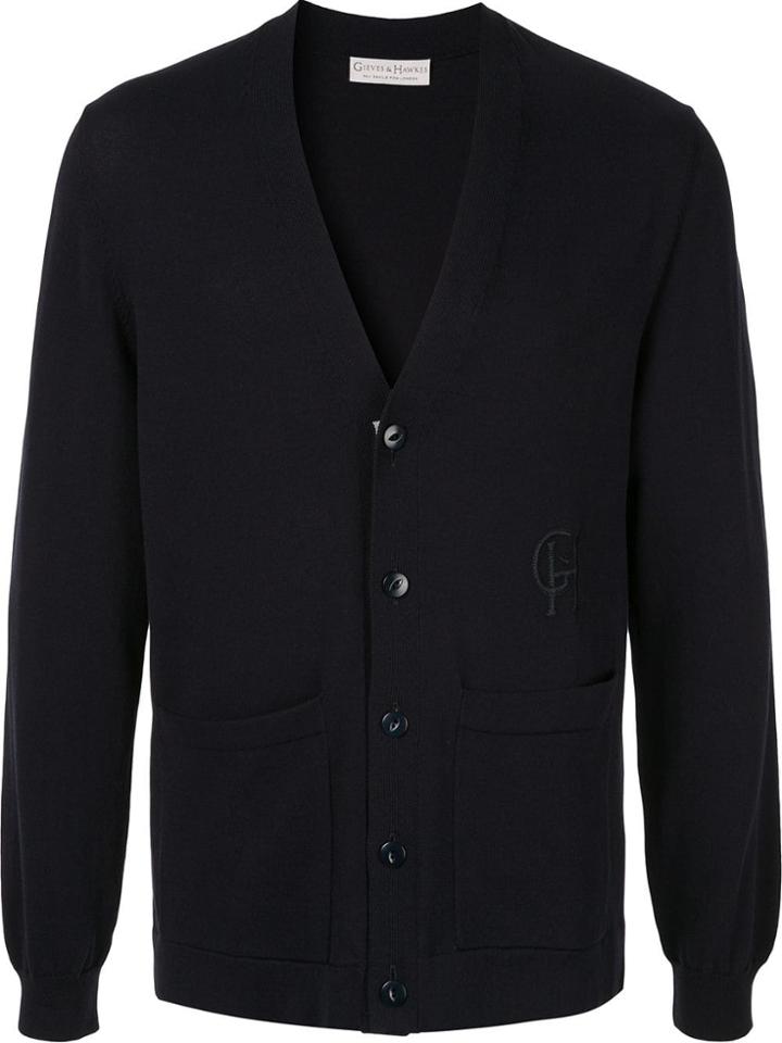 Gieves & Hawkes Embroidered Logo Cardigan - Blue