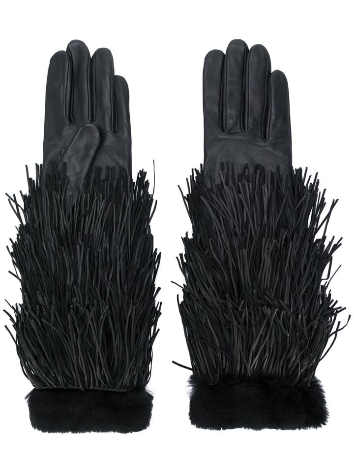 Agnelle Rabbit Fur Trimmed Tassel Gloves - Black
