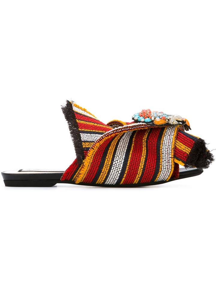 No21 Striped Knot Detail Sliders, Women's, Size: 37, Cotton/leather/crystal/rubber