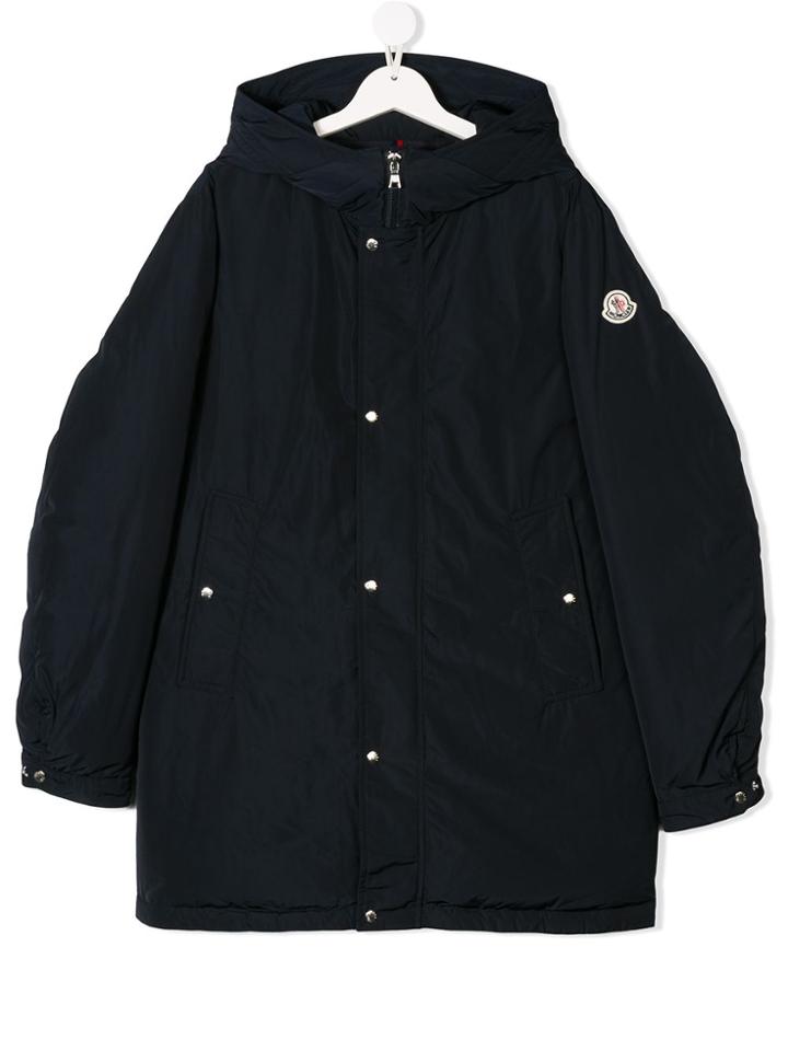 Moncler Kids Teen Hooded Long Coat - Blue