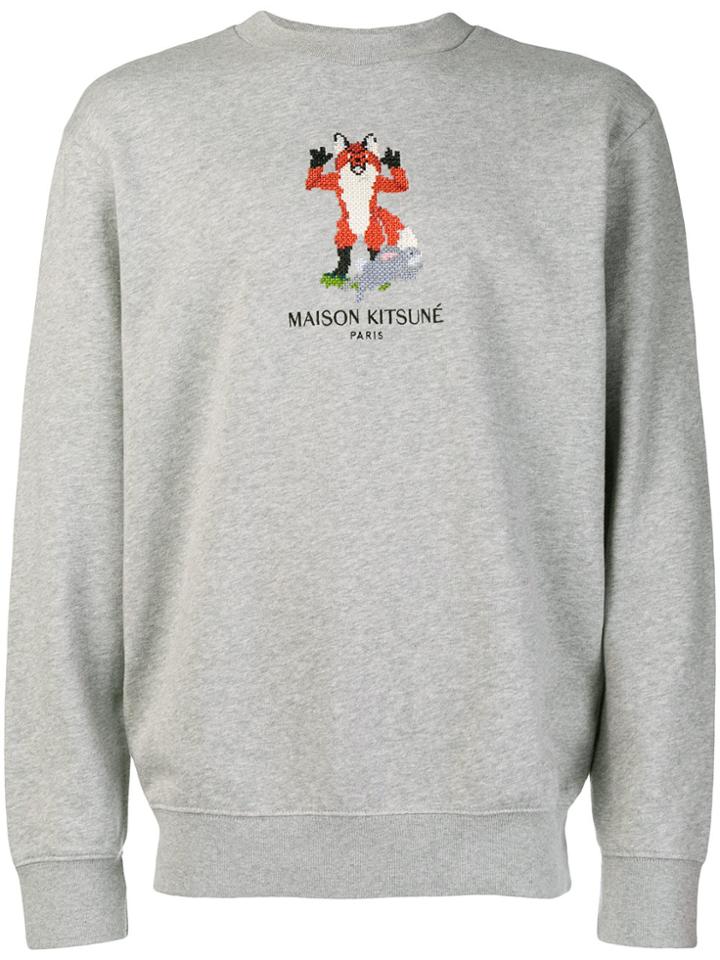 Maison Kitsuné Cross Stitched Fox Sweatshirt - Grey