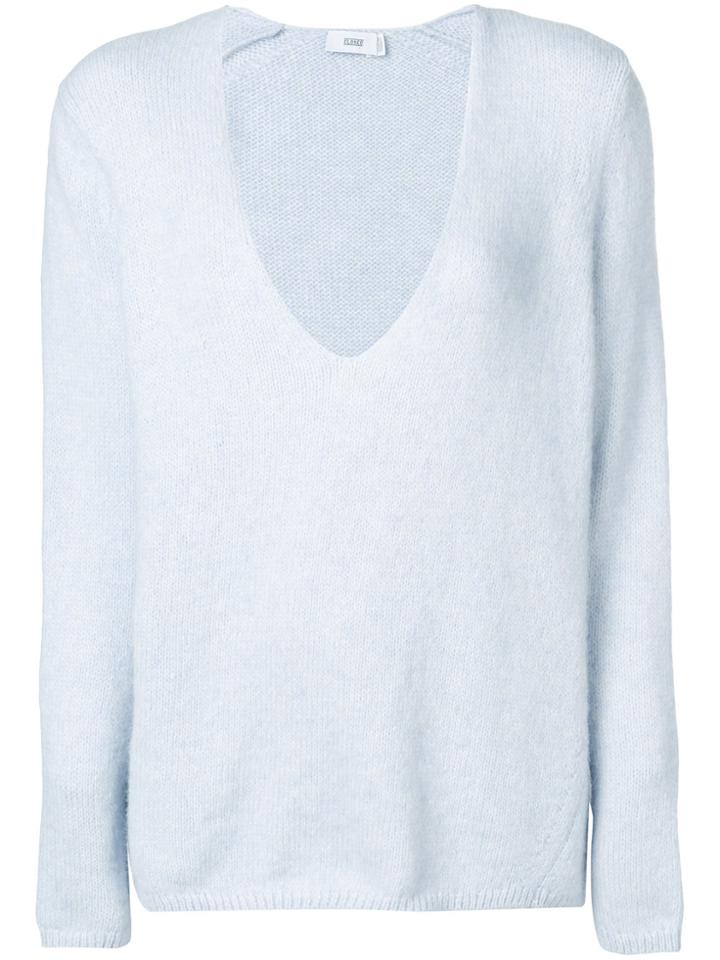 Closed Deep V-neck Brushed Sweater - Blue