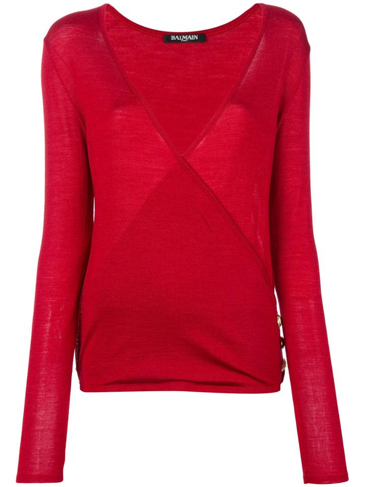 Balmain Button-embellished Crossover Jumper - Red