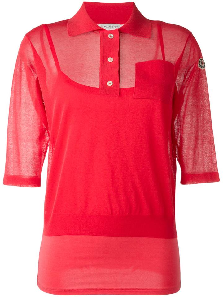 Moncler - Semi-sheer Knitted Polo Shirt - Women - Cotton/polyamide/spandex/elastane/viscose - L, Pink/purple, Cotton/polyamide/spandex/elastane/viscose