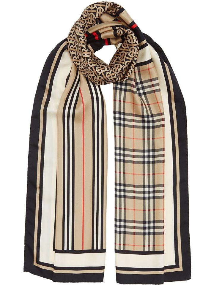 Burberry Monogram, Icon Stripe And Check Print Silk Scarf - Neutrals