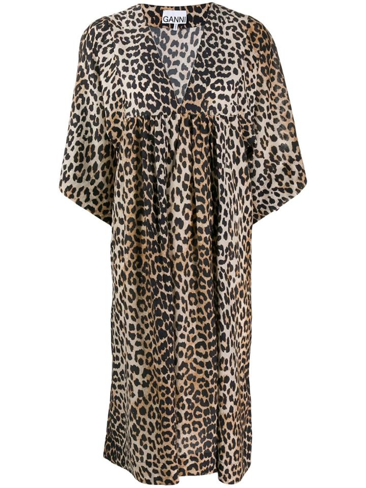 Ganni Leopard Print Loose Fit Dress - Black