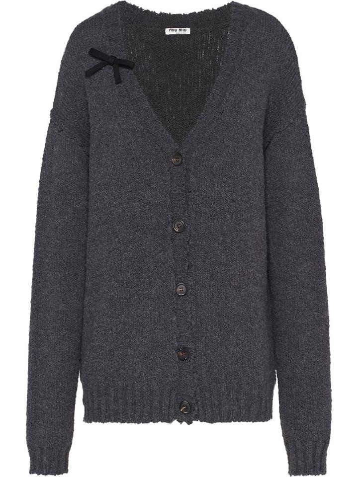 Miu Miu Bow Detail Distressed-effect Cardigan - Grey