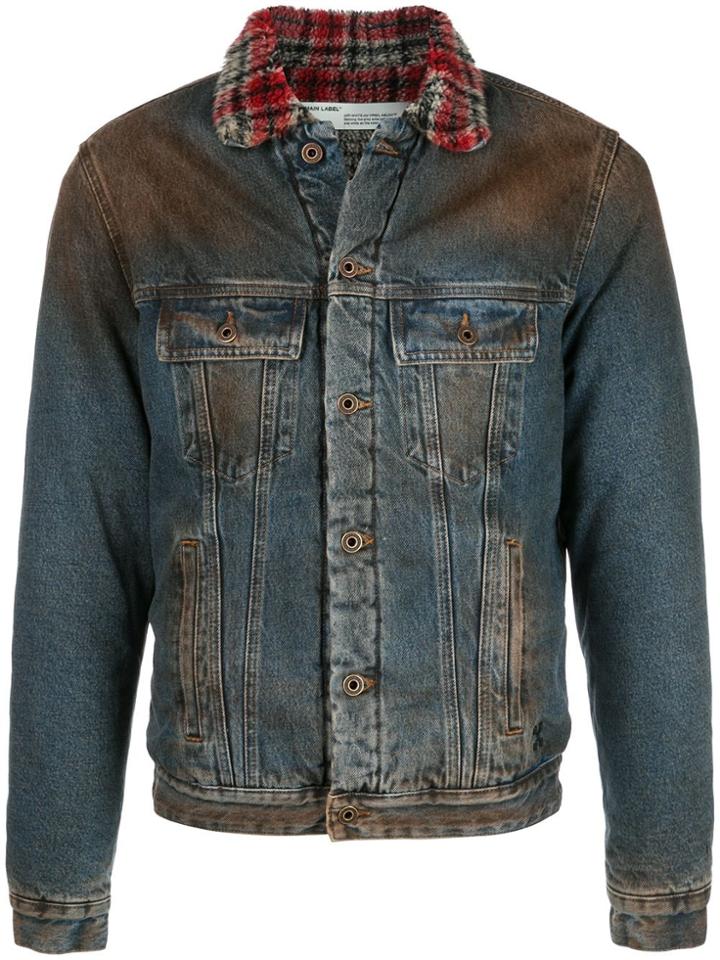 Off-white Checked Collar Distressed-effect Denim Jacket - Blue
