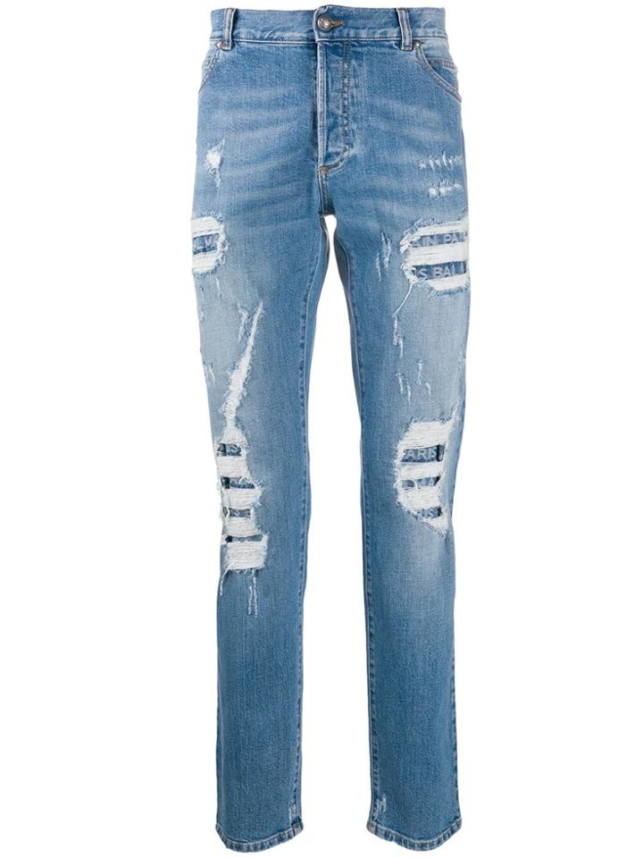 Balmain Distressed Straight-leg Jeans - Blue