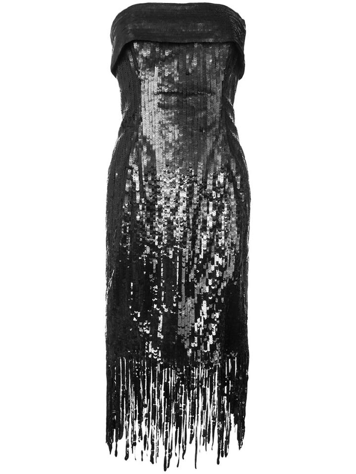 Oscar De La Renta Sequinned Fringed Strapless Dress - Black