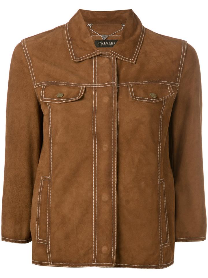 Twin-set Button-up Suede Jacket, Women's, Size: 42, Brown, Leather