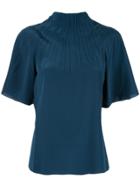 Rochas Pleated Funnel Neck Blouse - Blue