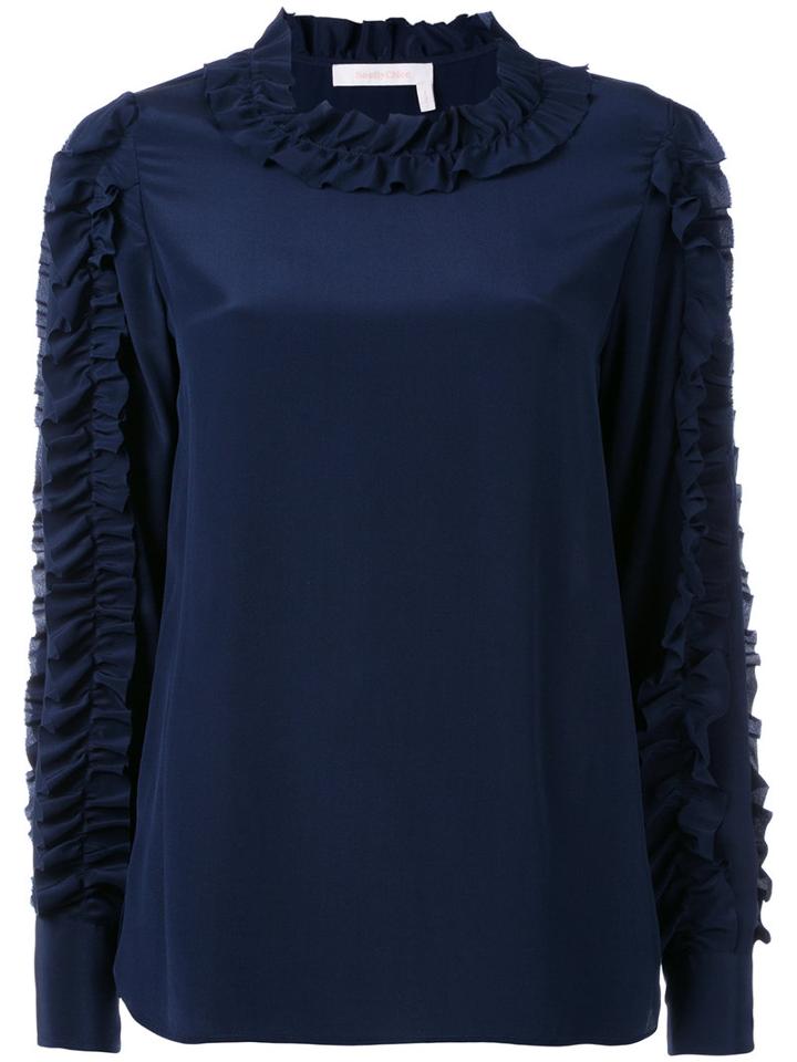See By Chloé Ruffle Sleeve Top, Women's, Size: 36, Blue, Silk
