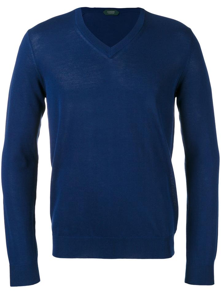 Zanone V-neck Jumper, Men's, Size: 48, Blue, Cotton