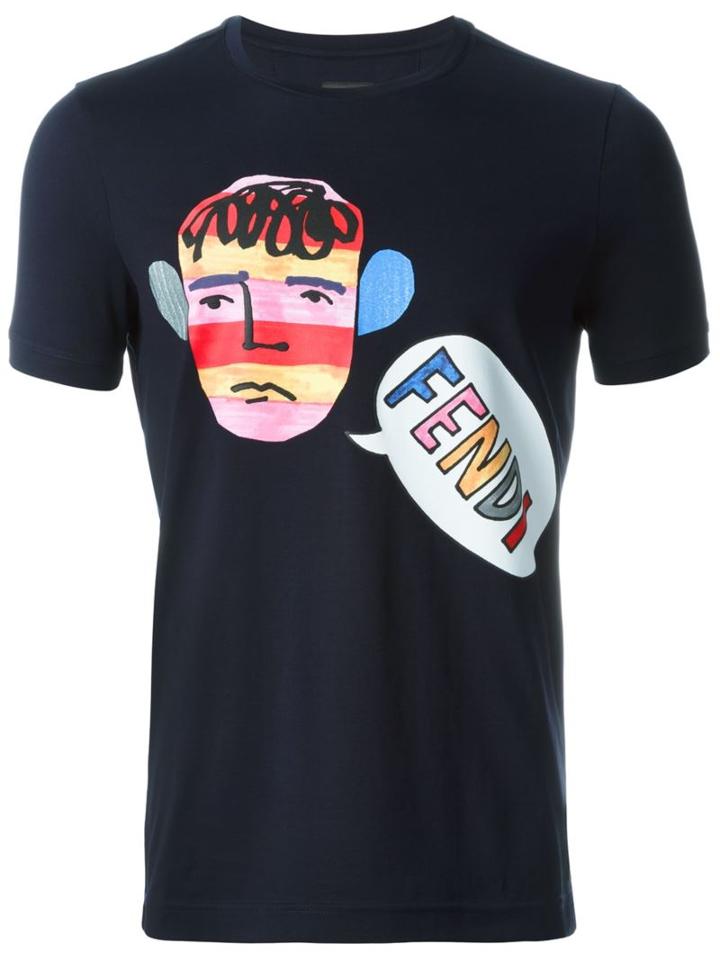 Fendi Face Print T-shirt, Men's, Size: 52, Blue, Cotton