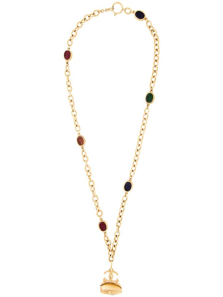 Chanel Vintage Cc Logo Stone Chain Necklace - Metallic