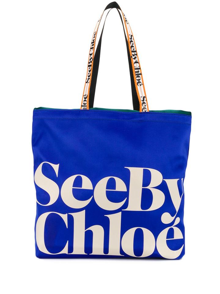 See By Chloé Logo Print Satin Tote - Blue