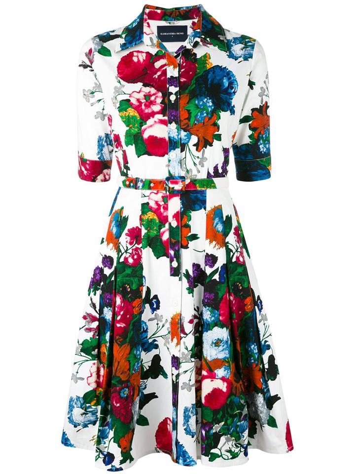 Samantha Sung - Floral Print Shirt Dress - Women - Cotton/spandex/elastane - Xl, White, Cotton/spandex/elastane