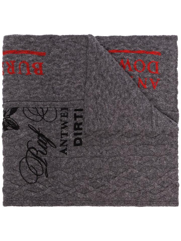 Raf Simons Slogan Print Cable Knit Scarf - Grey