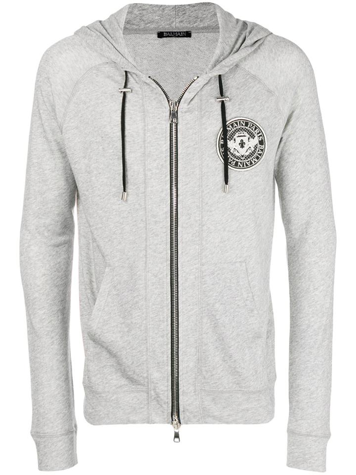 Balmain Logo Plaque Hoodie - Grey