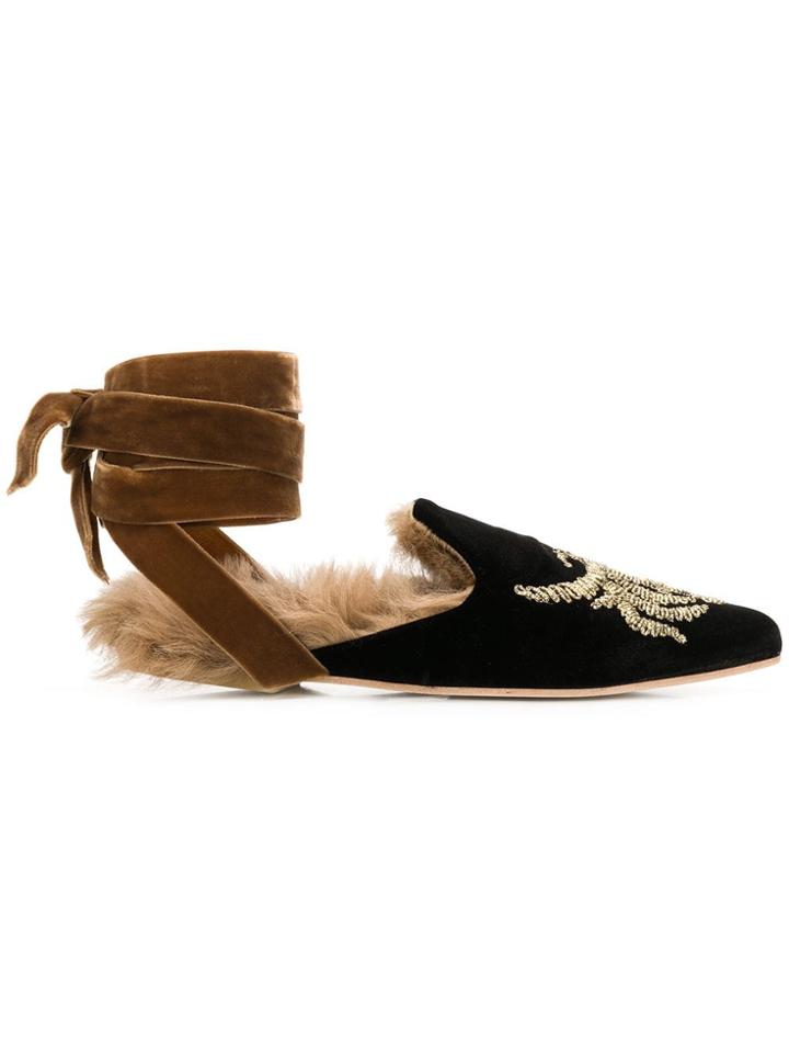 Gia Couture Lace-up Pointed Mules - Black