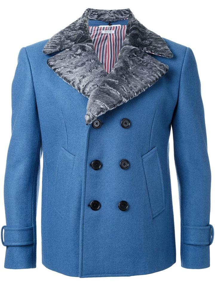 Thom Browne Double-breasted Classic Lapels Coat, Men's, Size: 0, Blue, Cupro/wool/lamb Fur