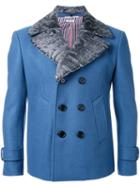 Thom Browne Double-breasted Classic Lapels Coat, Men's, Size: 0, Blue, Cupro/wool/lamb Fur