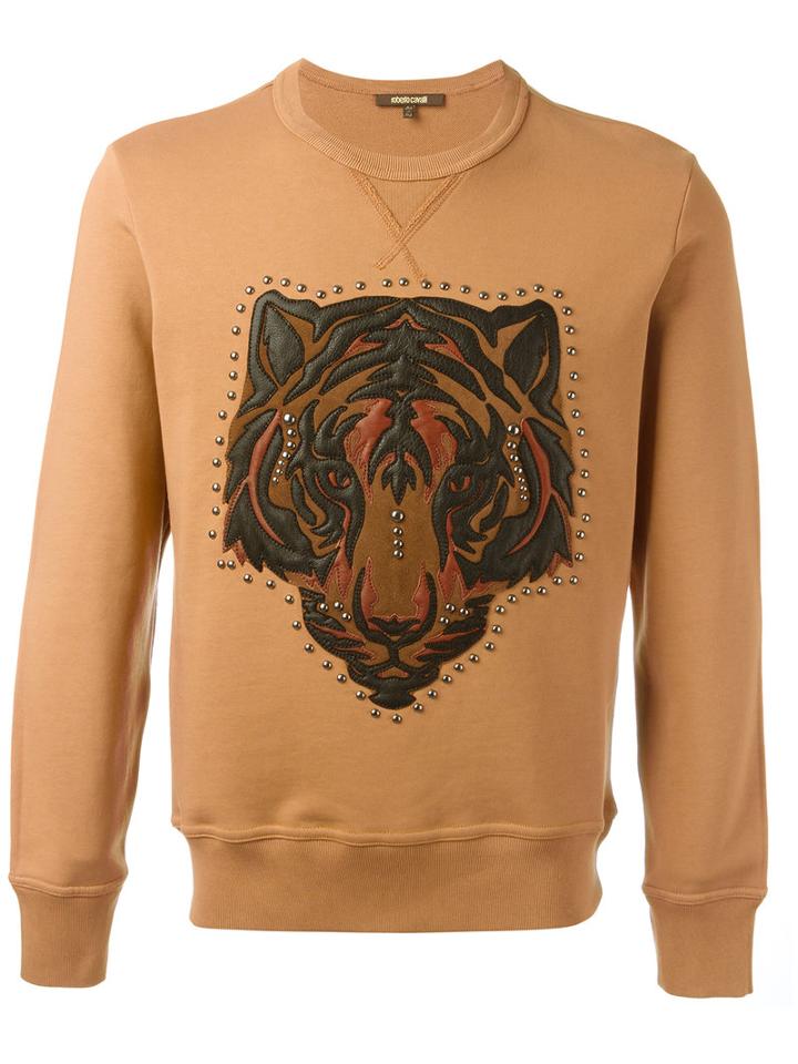 Roberto Cavalli Lion Studded Applique Sweatshirt, Men's, Size: Large, Brown, Cotton/lamb Skin/crystal/calf Leather