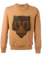 Roberto Cavalli Lion Studded Applique Sweatshirt, Men's, Size: Large, Brown, Cotton/lamb Skin/crystal/calf Leather