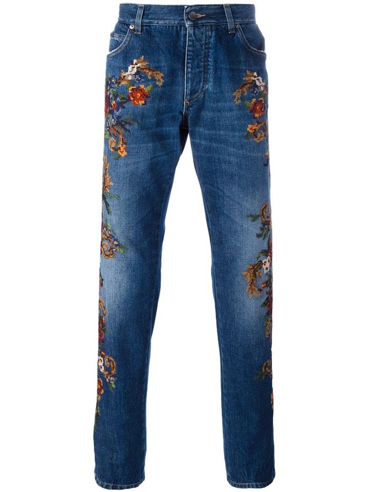 Dolce & Gabbana Floral Embroidered Jeans, Men's, Size: 50, Blue, Cotton/acrylic/wool