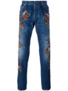 Dolce & Gabbana Floral Embroidered Jeans, Men's, Size: 50, Blue, Cotton/acrylic/wool