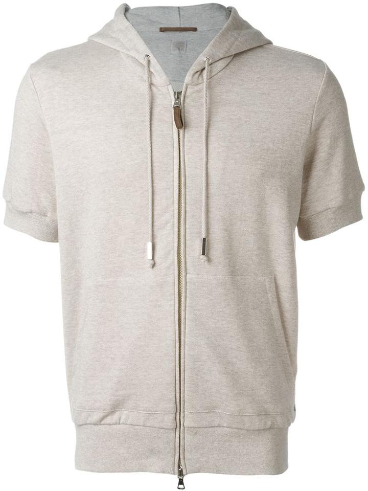 Eleventy Short-sleeve Zipped Hoodie, Men's, Size: L, Nude/neutrals, Cotton/linen/flax