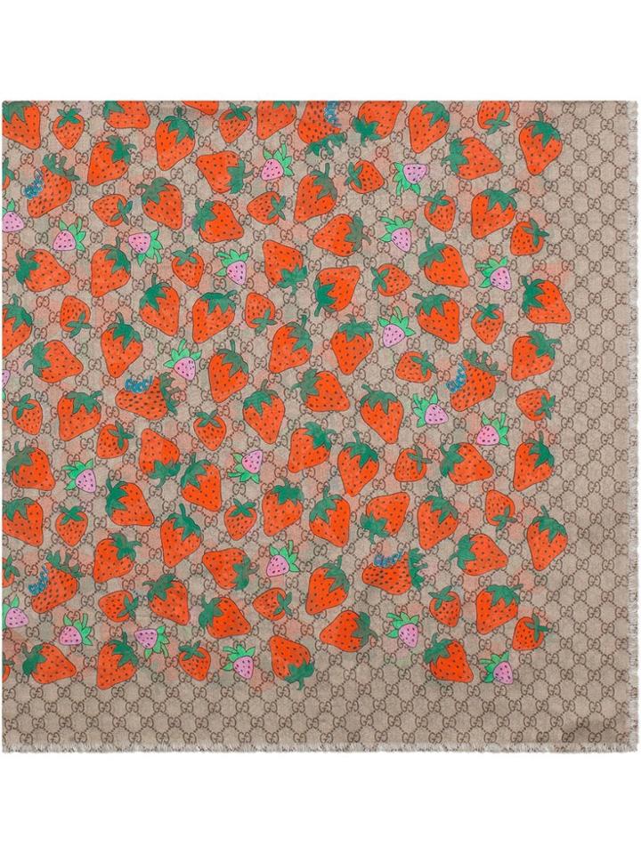 Gucci Gg Shawl With Gucci Strawberry Print - Brown