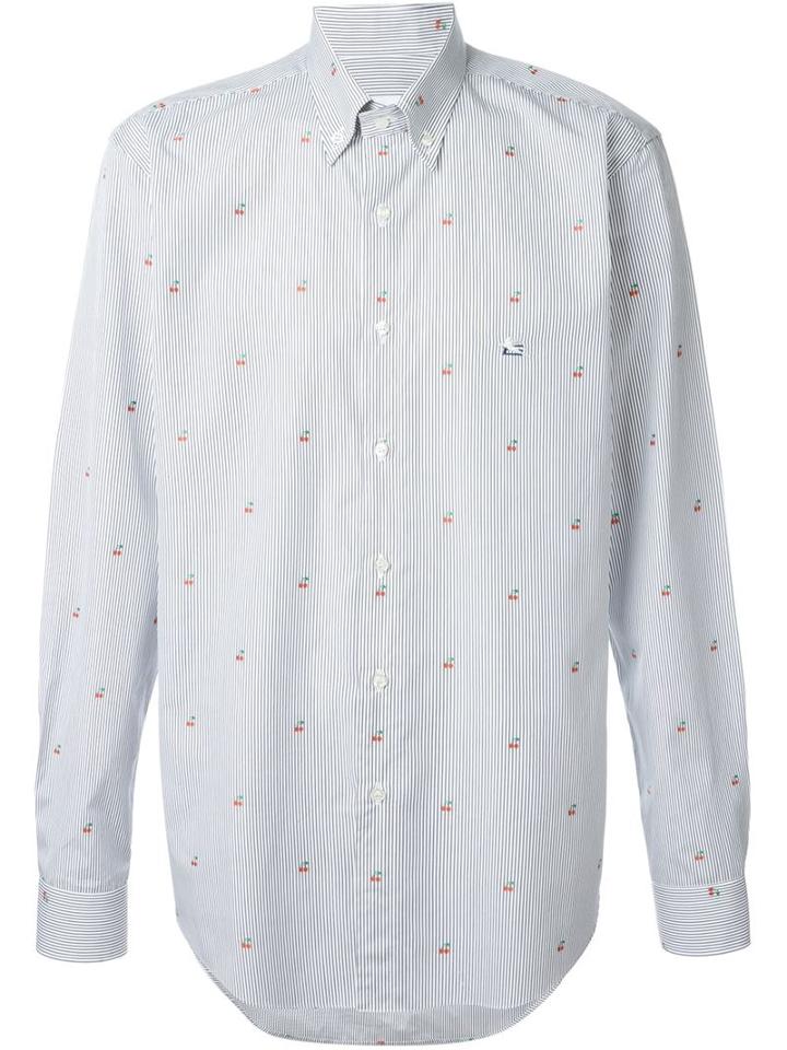 Etro Cherry Print Shirt, Men's, Size: 43, Blue, Cotton