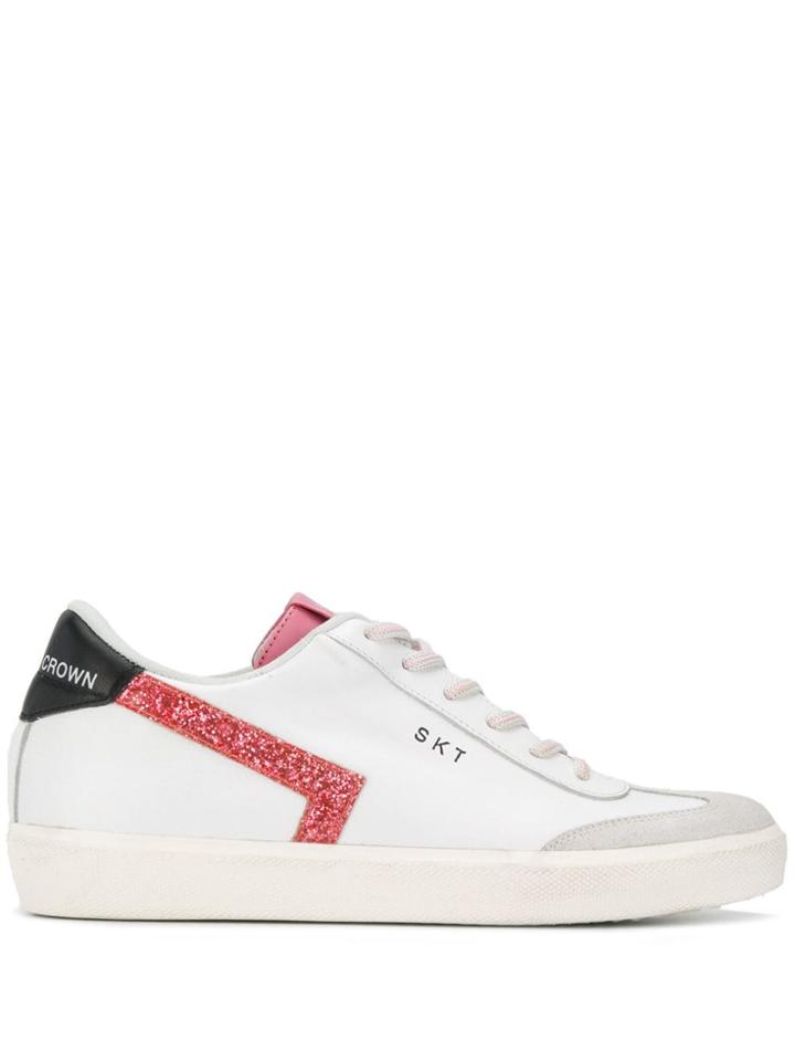 Leather Crown Side Glitter Lo-top Sneakers - White