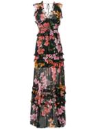 Pinko Floral Print Frill Trim Maxi Dress - Black