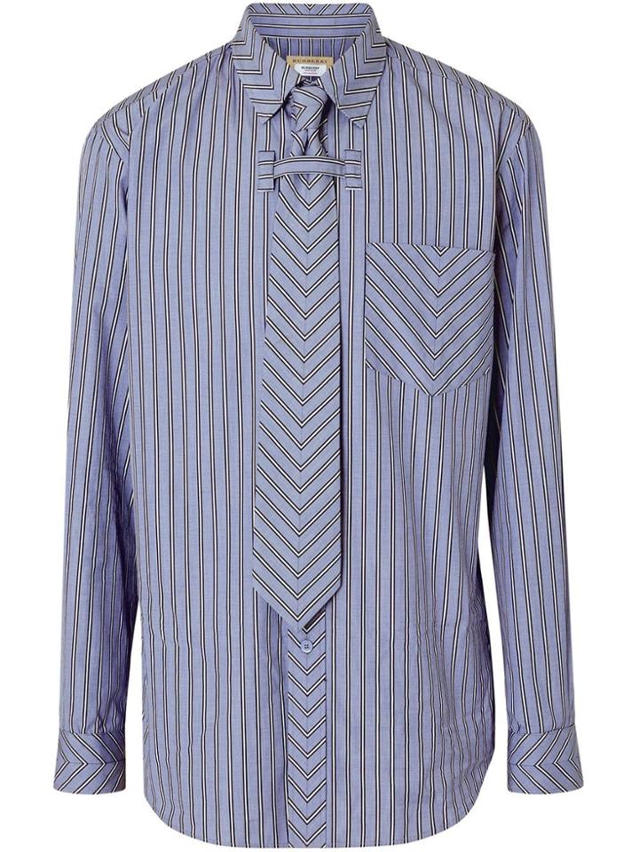 Burberry Chevron Striped Cotton Shirt And Tie Twinset - Blue