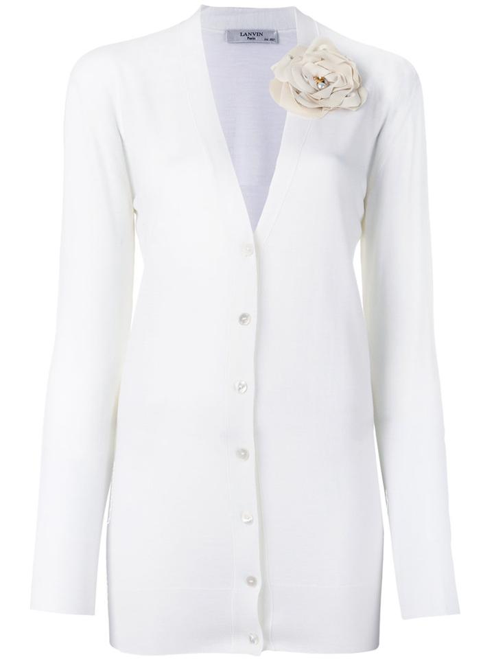 Lanvin - Flower Brooch V-neck Cardigan - Women - Polyamide/polyester/spandex/elastane/iron - M, White, Polyamide/polyester/spandex/elastane/iron