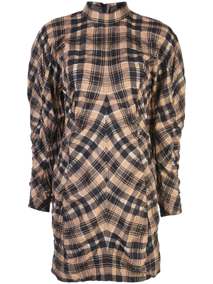 Ganni Checked Ruched Short Dress - Brown