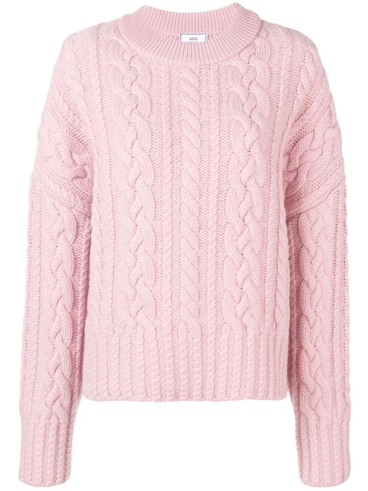 Ami Alexandre Mattiussi Crew Neck Cable Knit Oversize Sweater - Pink