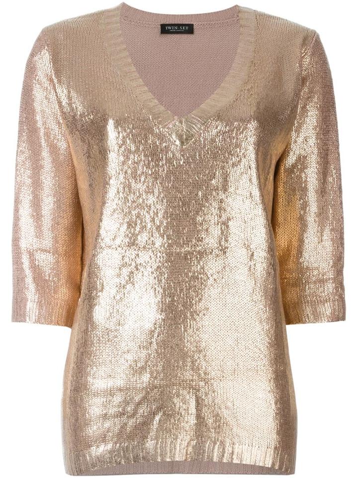 Twin-set Metallic V-neck Sweater, Women's, Size: M, Pink/purple, Acrylic
