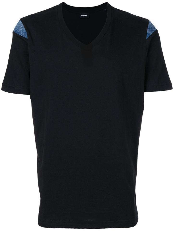 Diesel - Denim Inset V-neck T-shirt - Men - Cotton - M, Black, Cotton