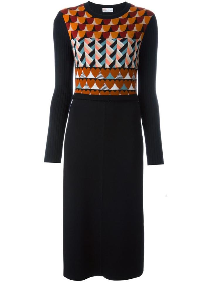 Red Valentino Intarsia Panel Midi Dress, Women's, Size: Medium, Black, Virgin Wool