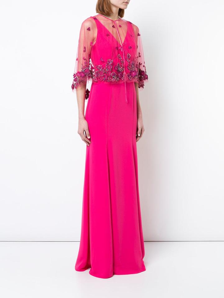 Marchesa Notte Floral Shawl Evening Dress - Pink & Purple