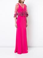 Marchesa Notte Floral Shawl Evening Dress - Pink & Purple