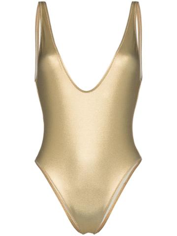 Solid And Striped Plunging Backless Swimsuit - Metallic