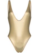 Solid And Striped Plunging Backless Swimsuit - Metallic