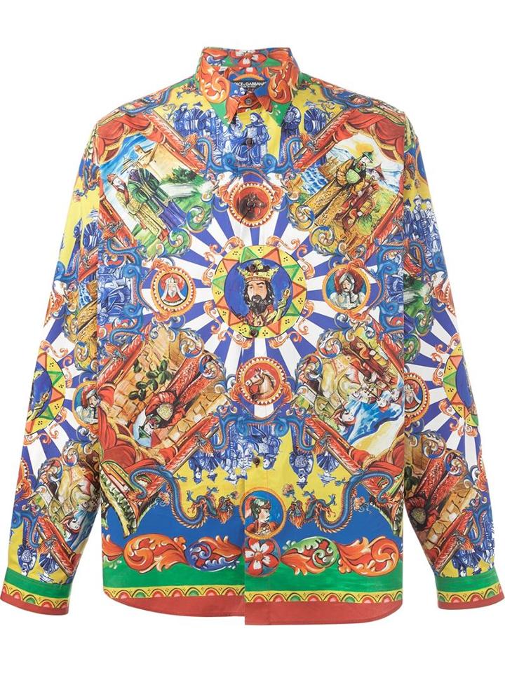 Dolce & Gabbana Carretto Siciliano Print Shirt, Men's, Size: 39, Cotton