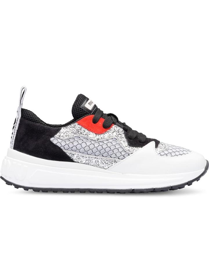 Miu Miu Leather And Glitter Fabric Sneakers - White